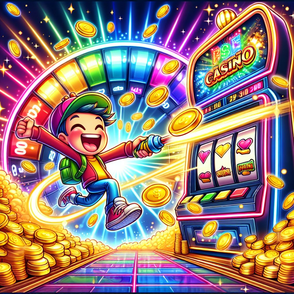 Cartoon character hitting a massive jackpot on a slot machine at CV1111